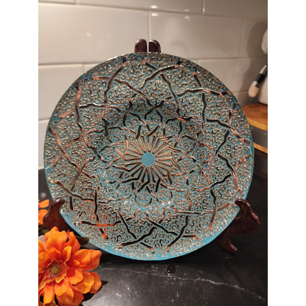Vintage Turquoise Enamel Silver Foil Embossed Glass Plate Boho Wall Art 9in